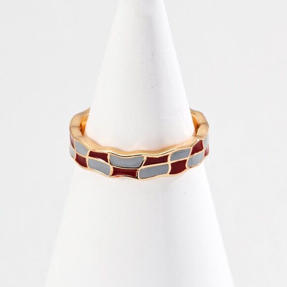 ✨ Artisan Original Red & Gray Enamel Checkerboard Ring | S925 Gold Adjustable - Picture 1 of 8